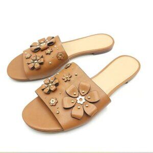 Michael Kors  $168 TARA Tan Leather Embellished Slides Flats 9